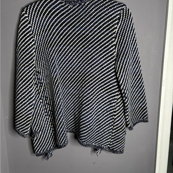Preswick & Moore Blue and White Knit Open Cardigan Sweater Fringe Trim Size S - Picture 5 of 5